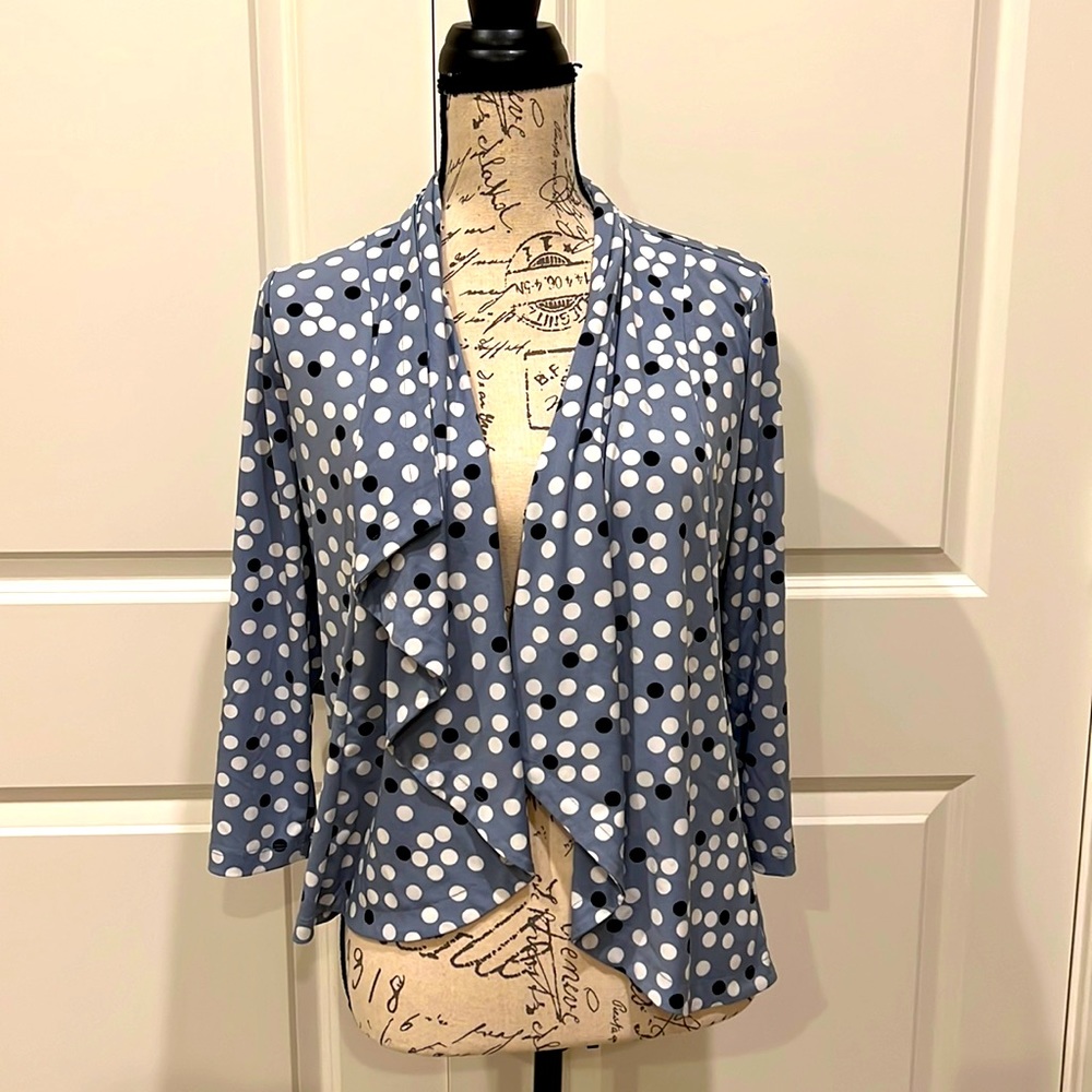 Ellen Tracy wrap shawl with sleeves in polka dot pattern.